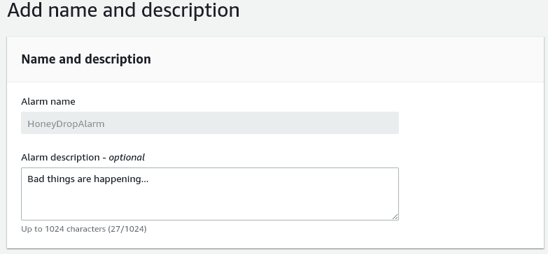 HoneyDrop CloudWatch Alarm Name and Description